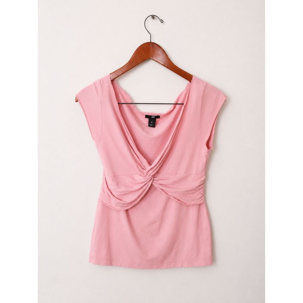 H&M Soft Pink Twist Front Knot V Neck Cap Sleeve Top Balletcore Coquette M - Picture 3 of 7